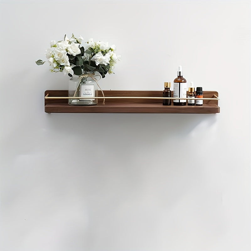 Brass Bathroom Towel Bar with Wooden Shelf, Wall-Mounted Towel Rack with Cosmetic Storage, Modern Vanity Mirror Organizer Rack