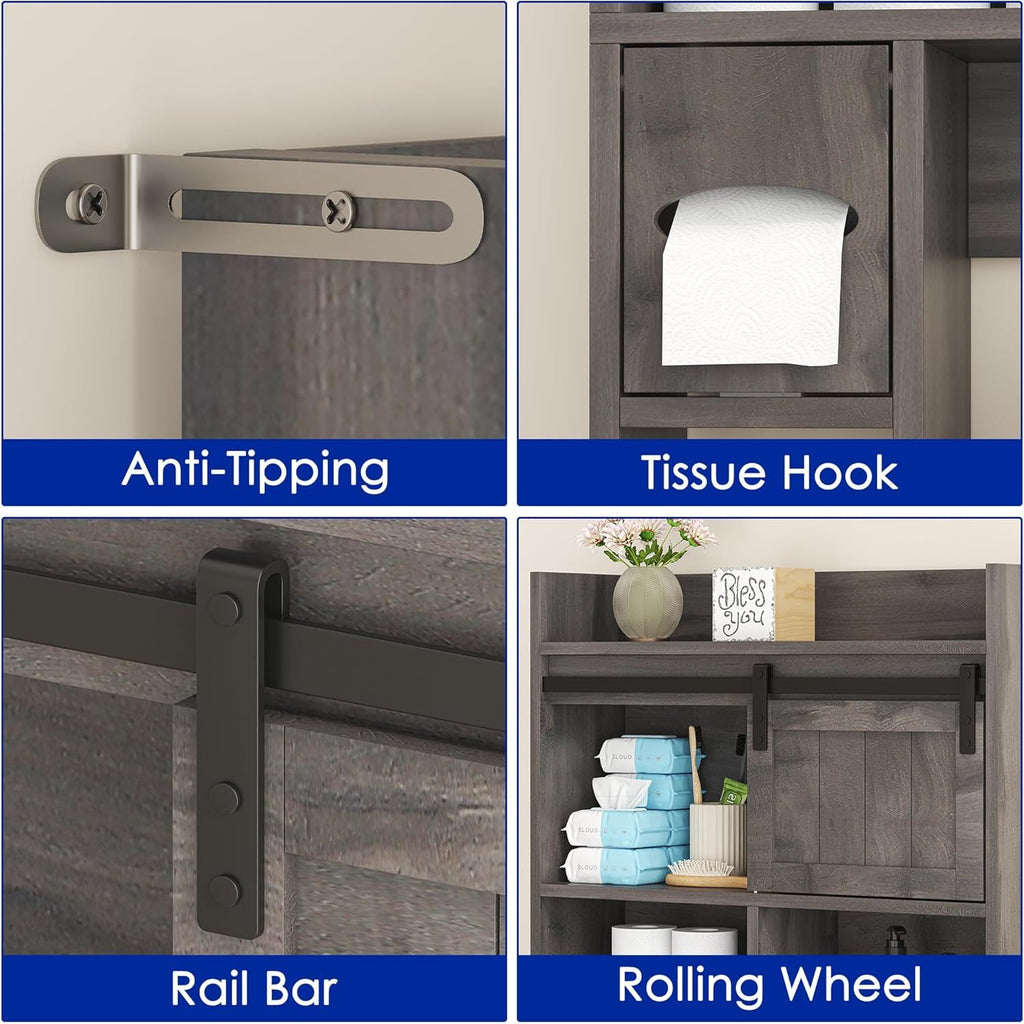 Over The Toilet Storage Cabinet, Above Toilet Shelf with Sliding Door& Toilet Paper Holder Stand, Behind Toilet Bathroom Organizer with Side Storage Rack for Bathroom, Restroom, Dark Grey