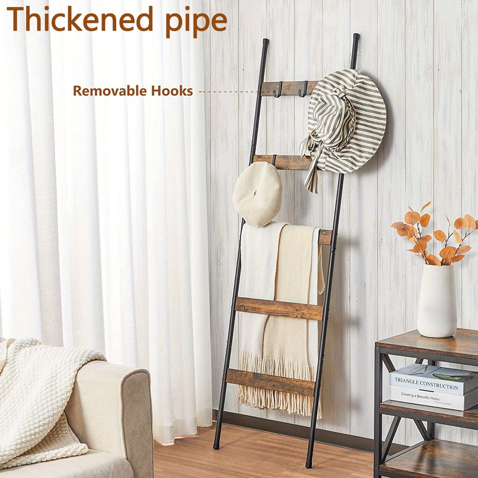 Five-Tier Blanket Ladder with Ten Detachable Hooks, Designed in a Farmhouse Style for Use in Living Rooms Or Bathrooms, Serving As a Decorative Wall-Mounted Wooden Rack for Quilts And Towel Drying