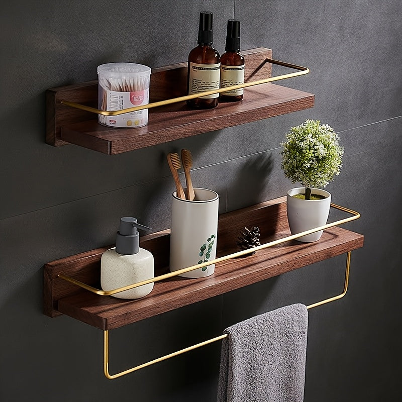 Brass Bathroom Towel Bar with Wooden Shelf, Wall-Mounted Towel Rack with Cosmetic Storage, Modern Vanity Mirror Organizer Rack