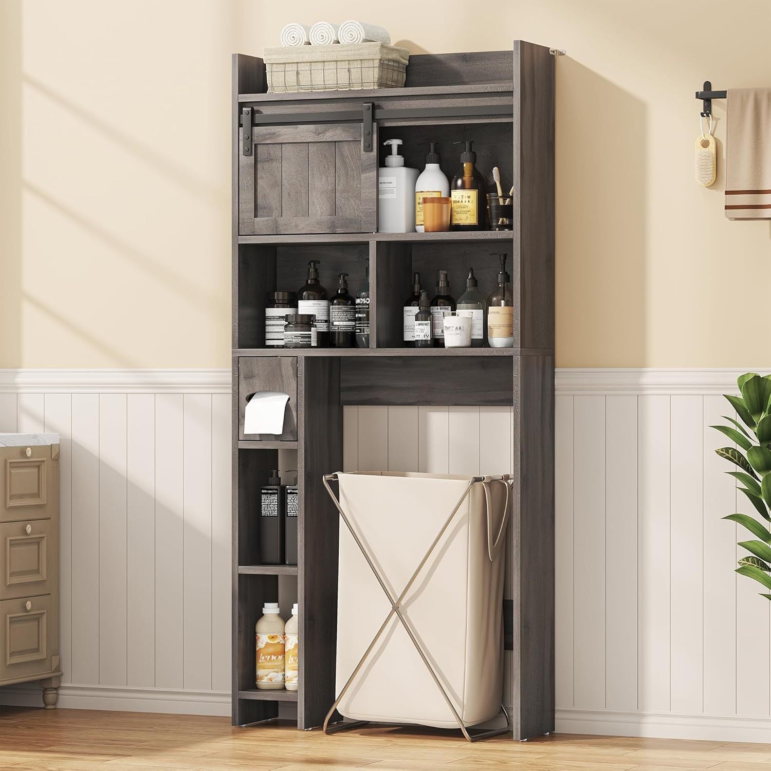 Over The Toilet Storage Cabinet, Above Toilet Shelf with Sliding Door& Toilet Paper Holder Stand, Behind Toilet Bathroom Organizer with Side Storage Rack for Bathroom, Restroom, Dark Grey