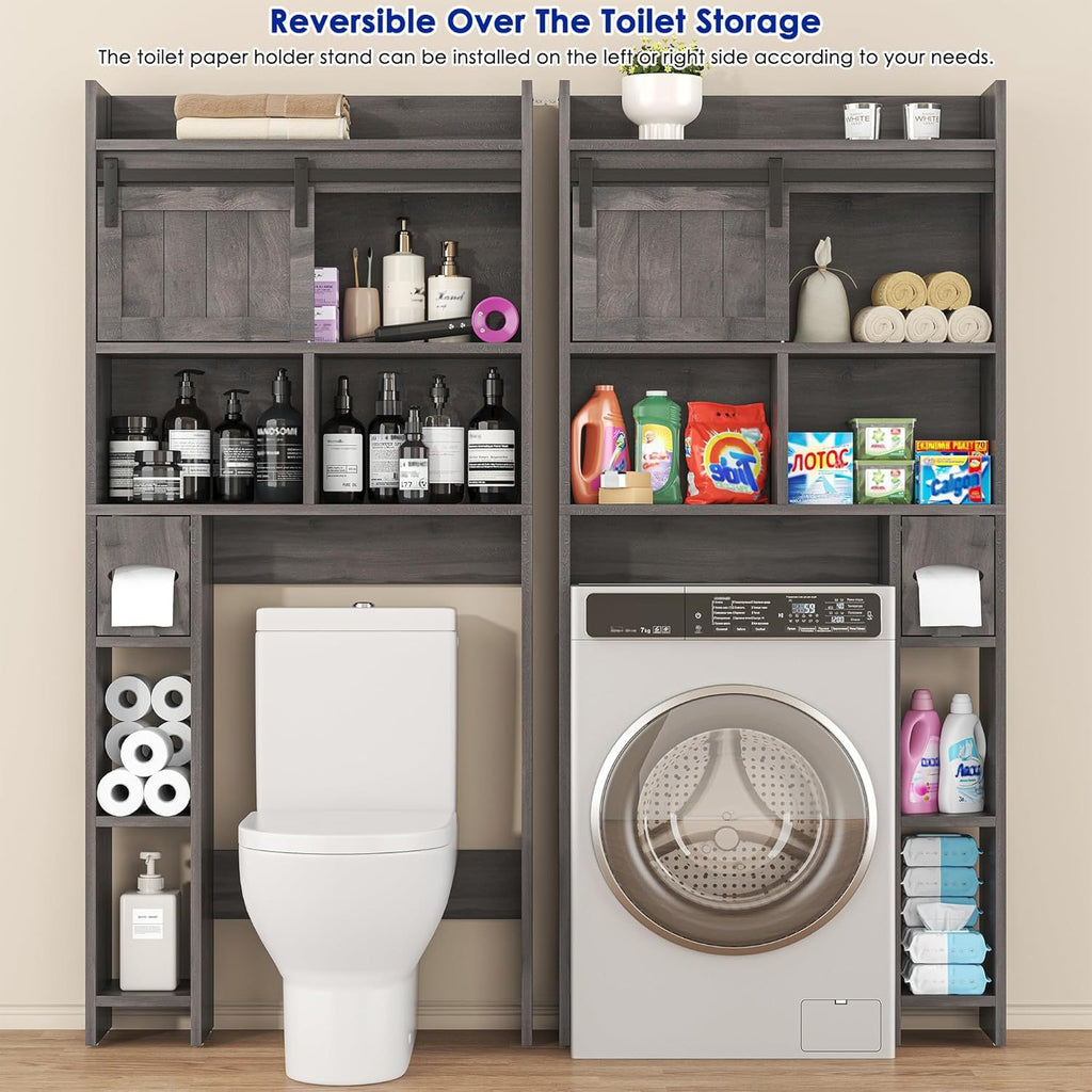 Over The Toilet Storage Cabinet, Above Toilet Shelf with Sliding Door& Toilet Paper Holder Stand, Behind Toilet Bathroom Organizer with Side Storage Rack for Bathroom, Restroom, Dark Grey