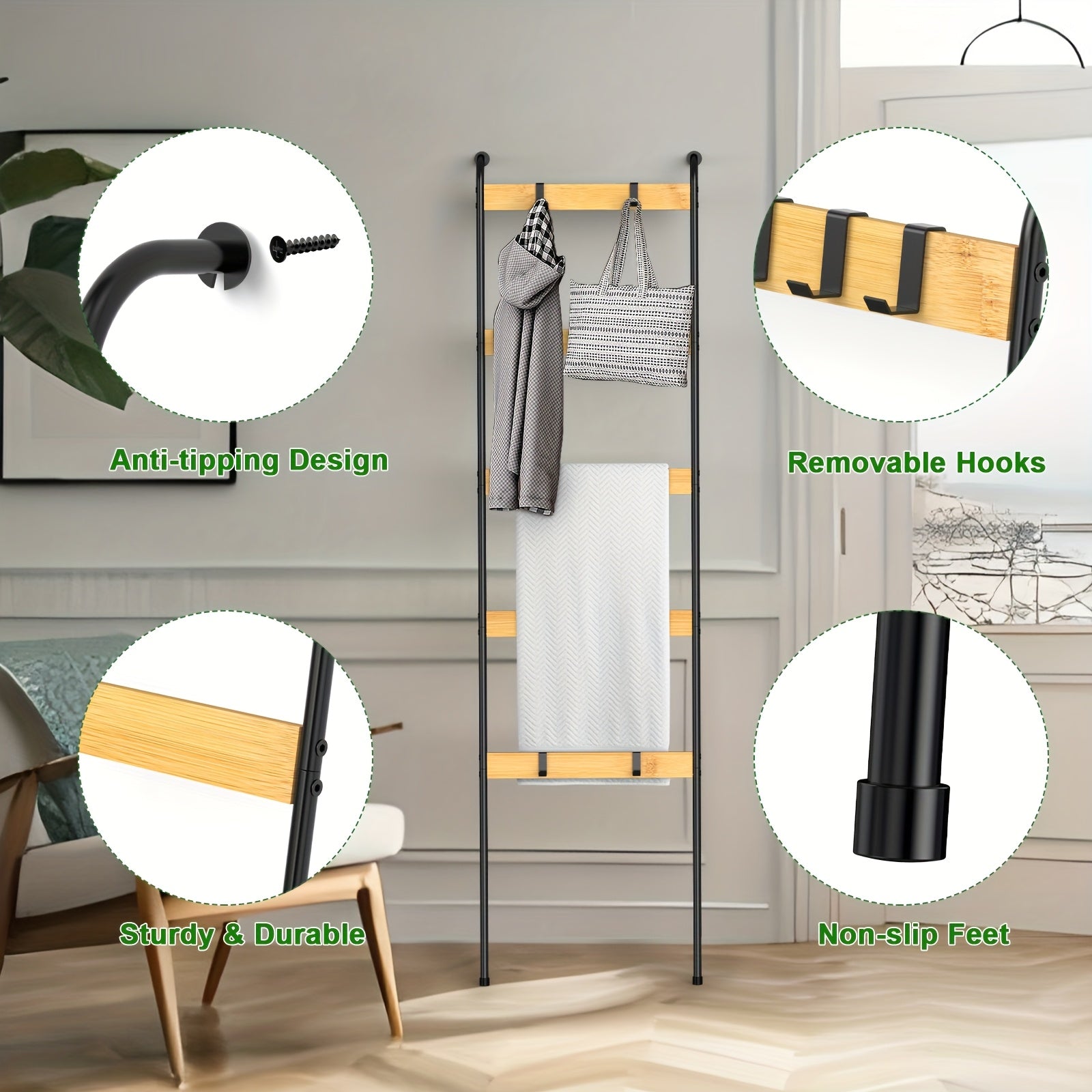 Five-Tier Blanket Ladder with Ten Detachable Hooks, Designed in a Farmhouse Style for Use in Living Rooms Or Bathrooms, Serving As a Decorative Wall-Mounted Wooden Rack for Quilts And Towel Drying