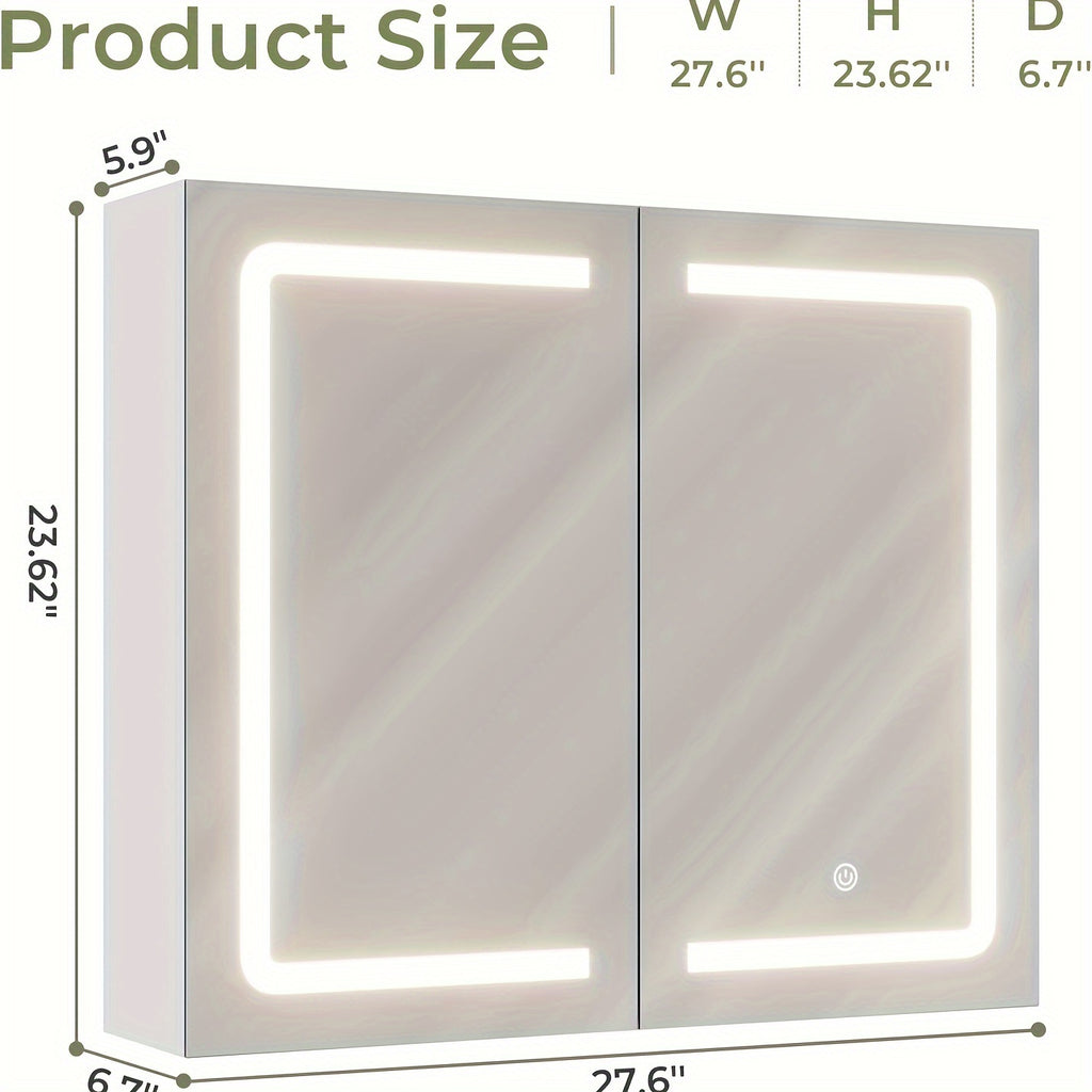 Bathroom Medicine Cabinet with Mirror And LED Light 27.6x23.62 Inch Double Door Wall Mounted Mirror Cabinet with Adjustable Storage Organizer Shelves, White