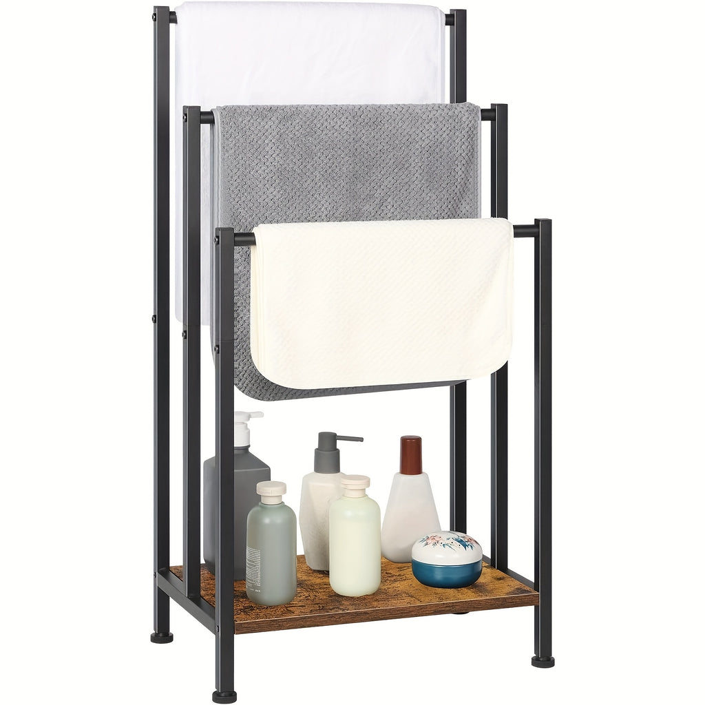 Free Standing Towel Rack, 3 Tier Towel Rack Stand, Metal Towel Racks Stand With Modern Wooden Storage Shelf, Freestanding Towel Holder Floor, Multipurpose Hand Towel Drying Holder Stand For Bathroom