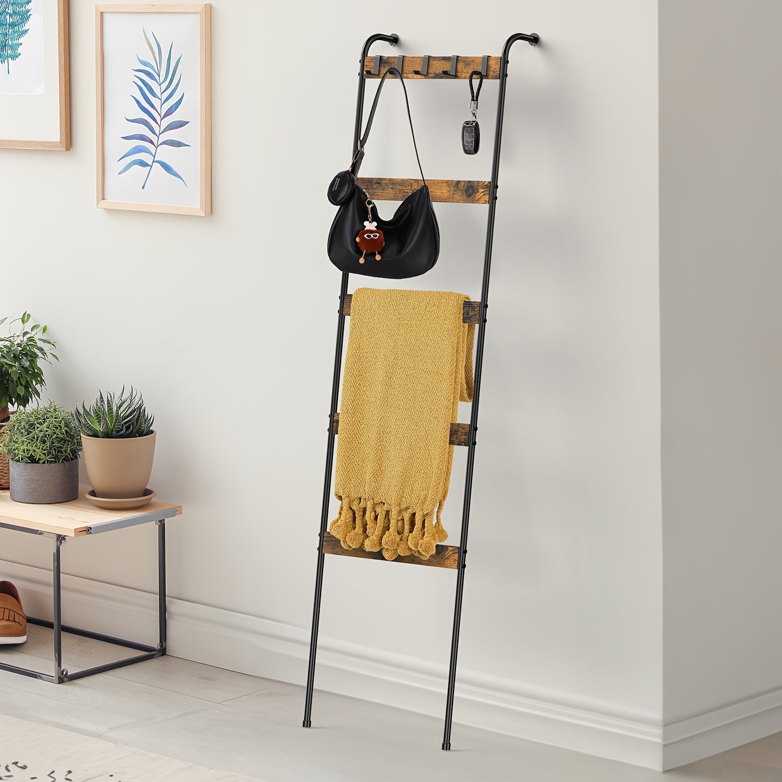Five-Tier Blanket Ladder with Ten Detachable Hooks, Designed in a Farmhouse Style for Use in Living Rooms Or Bathrooms, Serving As a Decorative Wall-Mounted Wooden Rack for Quilts And Towel Drying