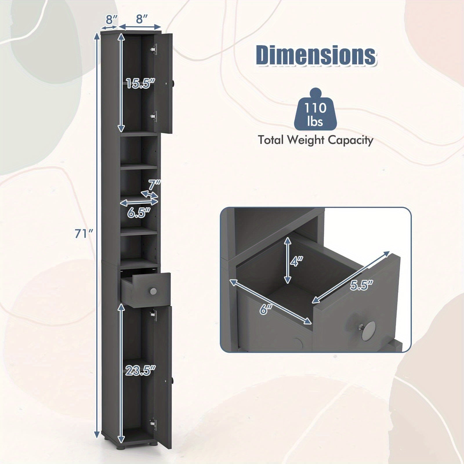 PETSITE Slim Bathroom Tall Cabinet, Freestanding Floor Storage Organizer with 2 Doors, 1 Drawer & 5 Adjustable Shelves, Narrow Linen Tower for Small Spaces, Wood Fiber Board Material, Bathroom Organizers And Storage