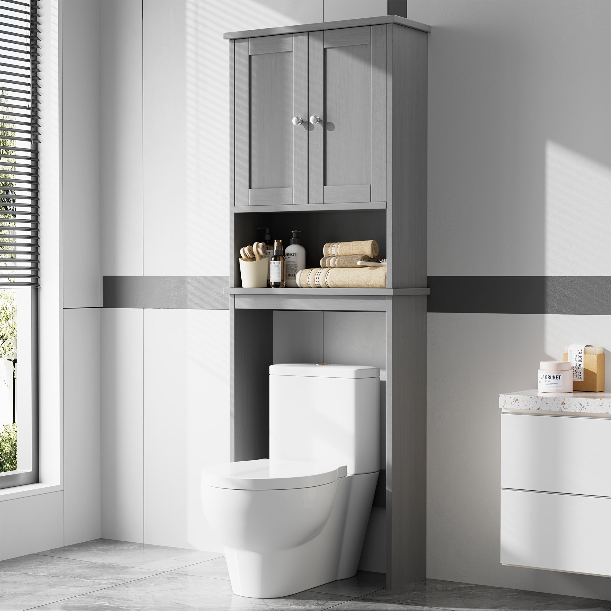 Modern Over-The-Toilet Bathroom Cabinet with Adjustable Shelves & Double Doors - Space-Saving -Standing Toilet Storage Organizer, Assembly for Small Bathrooms (Suitable for homes and facilities)