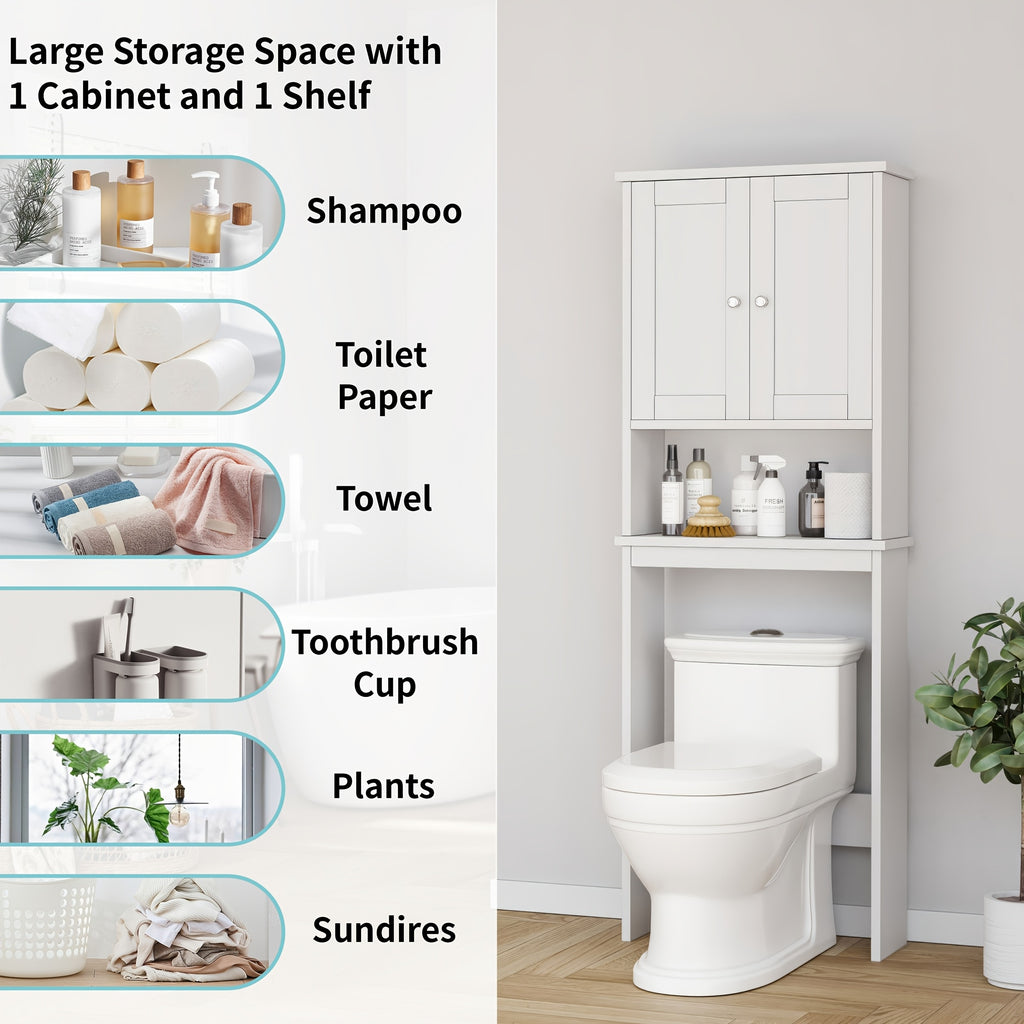 Modern Over-The-Toilet Bathroom Cabinet with Adjustable Shelves & Double Doors - Space-Saving -Standing Toilet Storage Organizer, Assembly for Small Bathrooms (Suitable for homes and facilities)