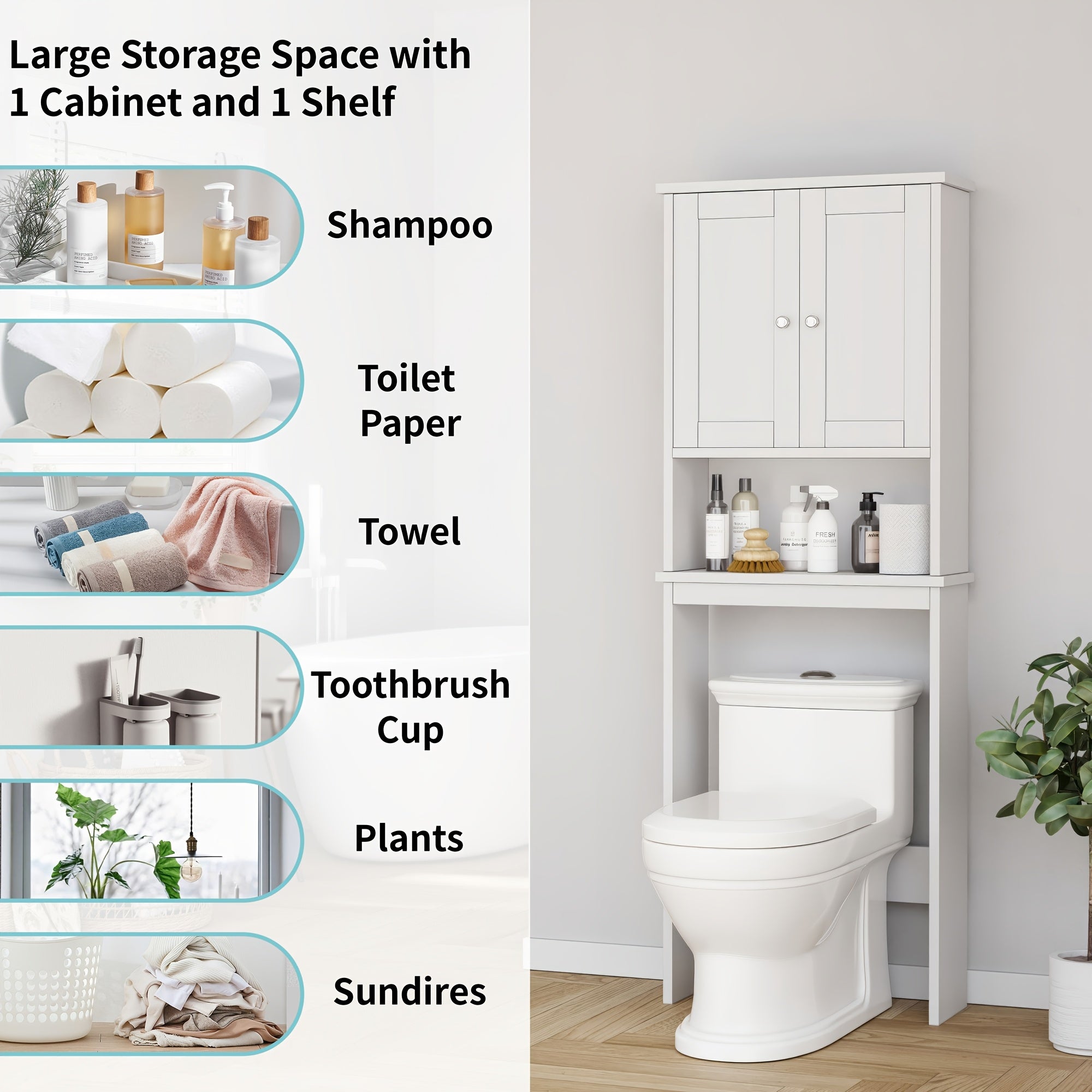 Modern Over-The-Toilet Bathroom Cabinet with Adjustable Shelves & Double Doors - Space-Saving -Standing Toilet Storage Organizer, Assembly for Small Bathrooms (Suitable for homes and facilities)
