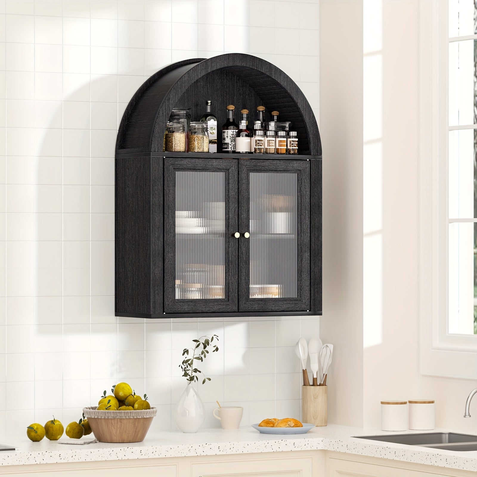 Arched Storage Cabinet Over The Toilet, Bathroom Organizers And Storage, 31 Inch Wall Mount Medicine Cabinet With Adjustable Shelf For Kitchen Pantry Cabinet, Laundry, New Type Of Glass Door