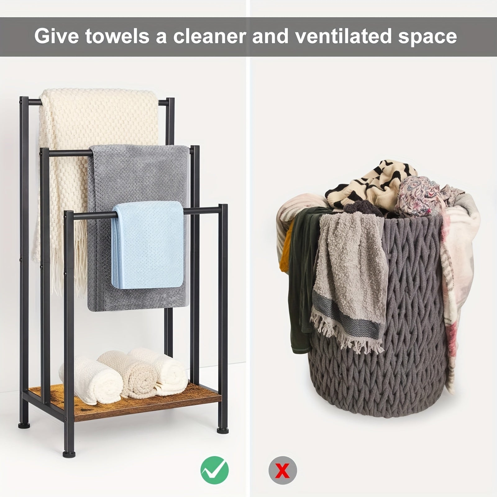 Free Standing Towel Rack, 3 Tier Towel Rack Stand, Metal Towel Racks Stand With Modern Wooden Storage Shelf, Freestanding Towel Holder Floor, Multipurpose Hand Towel Drying Holder Stand For Bathroom