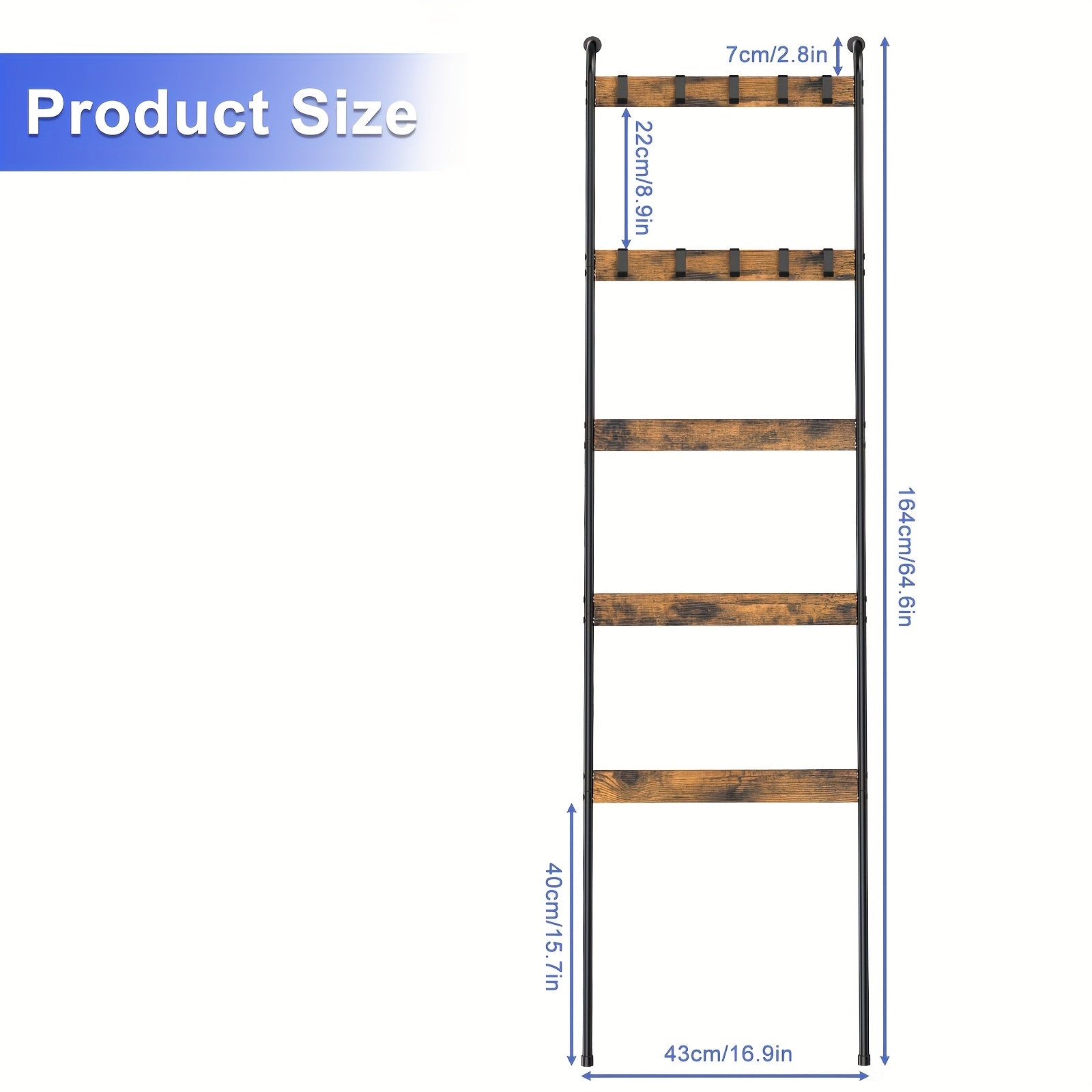 Five-Tier Blanket Ladder with Ten Detachable Hooks, Designed in a Farmhouse Style for Use in Living Rooms Or Bathrooms, Serving As a Decorative Wall-Mounted Wooden Rack for Quilts And Towel Drying
