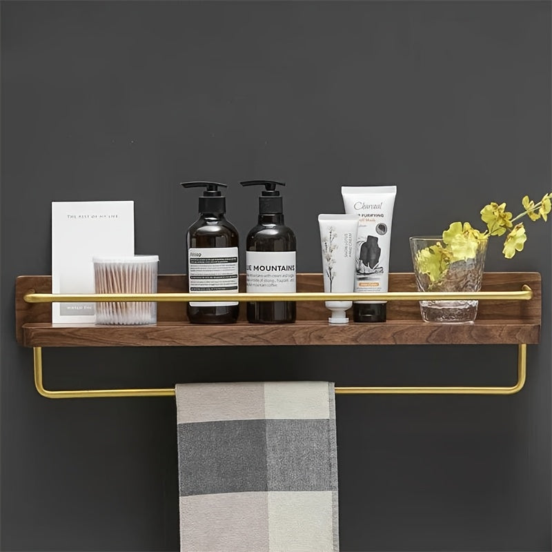 Brass Bathroom Towel Bar with Wooden Shelf, Wall-Mounted Towel Rack with Cosmetic Storage, Modern Vanity Mirror Organizer Rack