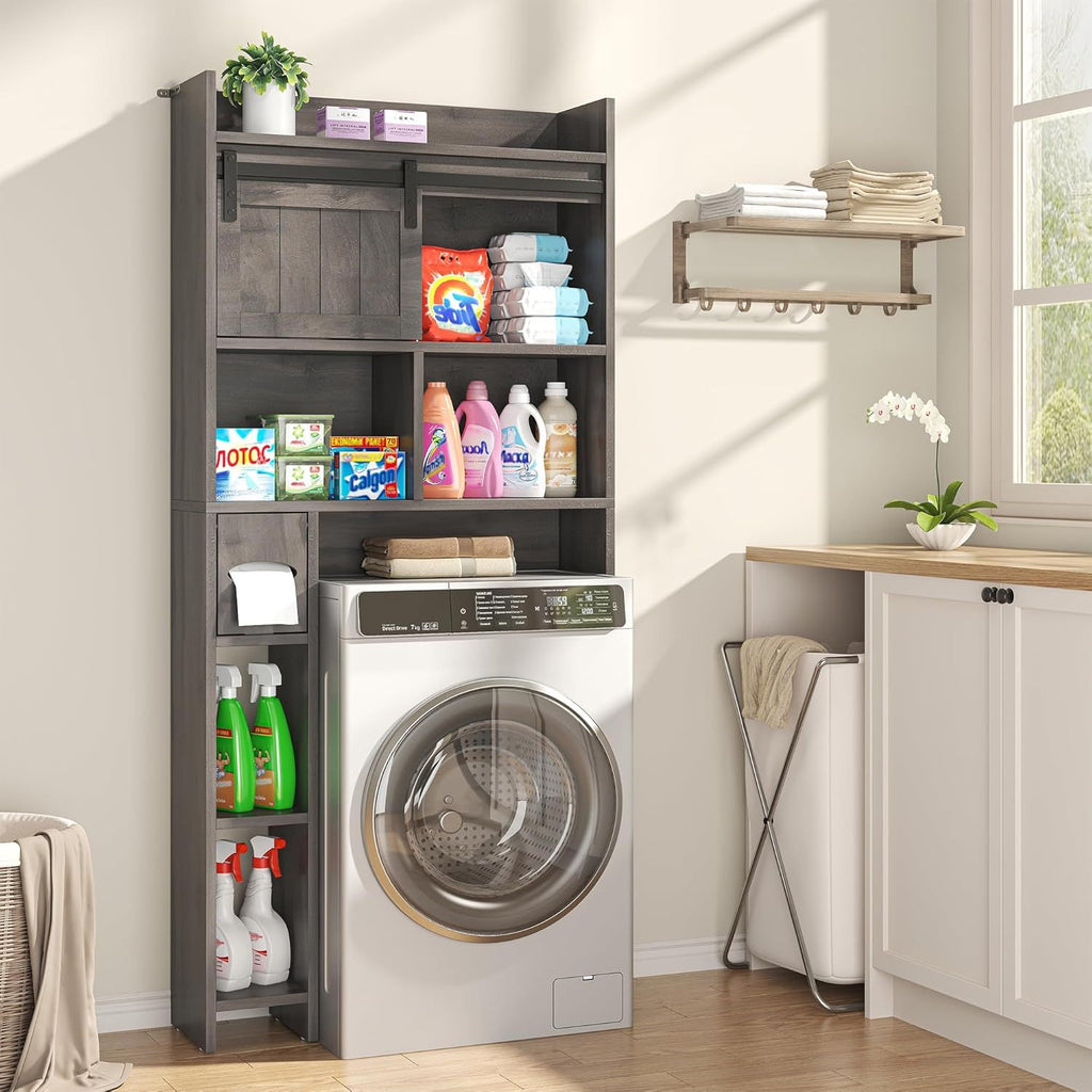 Over The Toilet Storage Cabinet, Above Toilet Shelf with Sliding Door& Toilet Paper Holder Stand, Behind Toilet Bathroom Organizer with Side Storage Rack for Bathroom, Restroom, Dark Grey