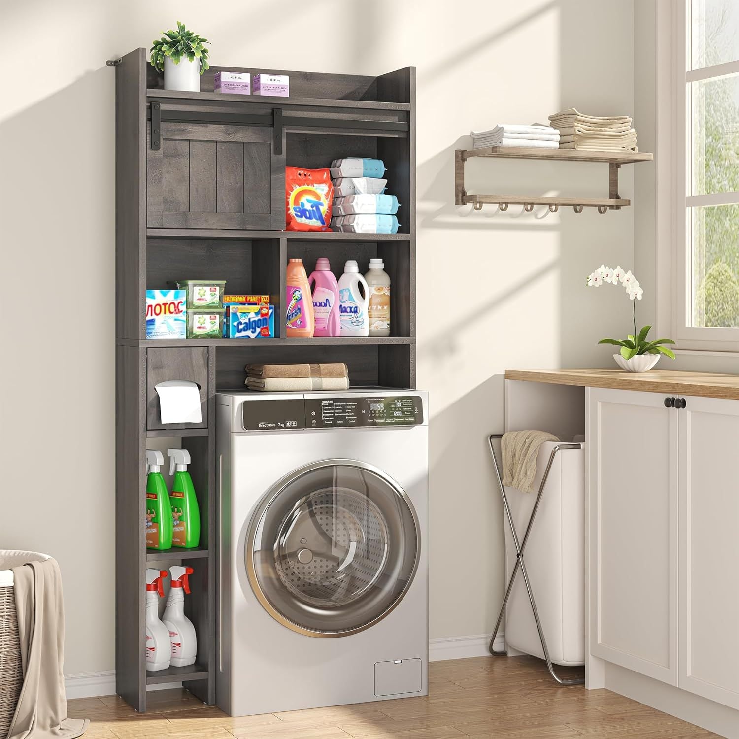 Over The Toilet Storage Cabinet, Above Toilet Shelf with Sliding Door& Toilet Paper Holder Stand, Behind Toilet Bathroom Organizer with Side Storage Rack for Bathroom, Restroom, Dark Grey