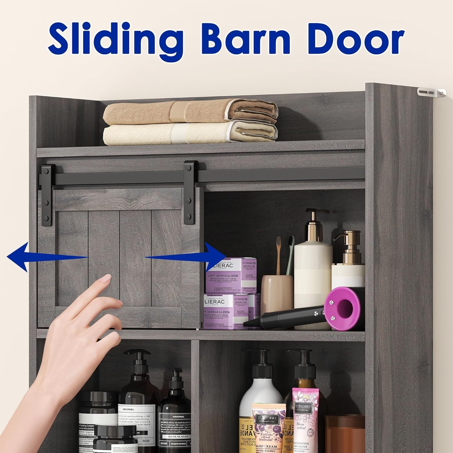 Over The Toilet Storage Cabinet, Above Toilet Shelf with Sliding Door& Toilet Paper Holder Stand, Behind Toilet Bathroom Organizer with Side Storage Rack for Bathroom, Restroom, Dark Grey