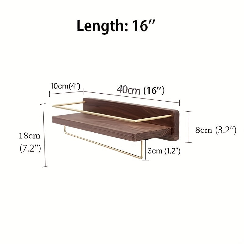 Brass Bathroom Towel Bar with Wooden Shelf, Wall-Mounted Towel Rack with Cosmetic Storage, Modern Vanity Mirror Organizer Rack
