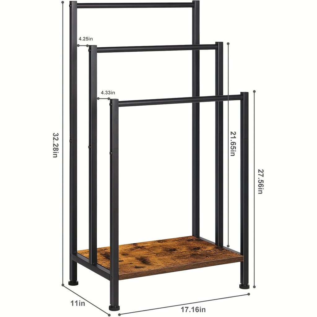 Free Standing Towel Rack, 3 Tier Towel Rack Stand, Metal Towel Racks Stand With Modern Wooden Storage Shelf, Freestanding Towel Holder Floor, Multipurpose Hand Towel Drying Holder Stand For Bathroom