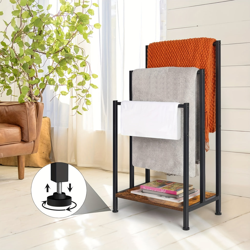 Free Standing Towel Rack, 3 Tier Towel Rack Stand, Metal Towel Racks Stand With Modern Wooden Storage Shelf, Freestanding Towel Holder Floor, Multipurpose Hand Towel Drying Holder Stand For Bathroom