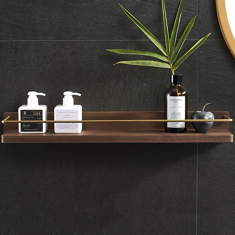 Brass Bathroom Towel Bar with Wooden Shelf, Wall-Mounted Towel Rack with Cosmetic Storage, Modern Vanity Mirror Organizer Rack