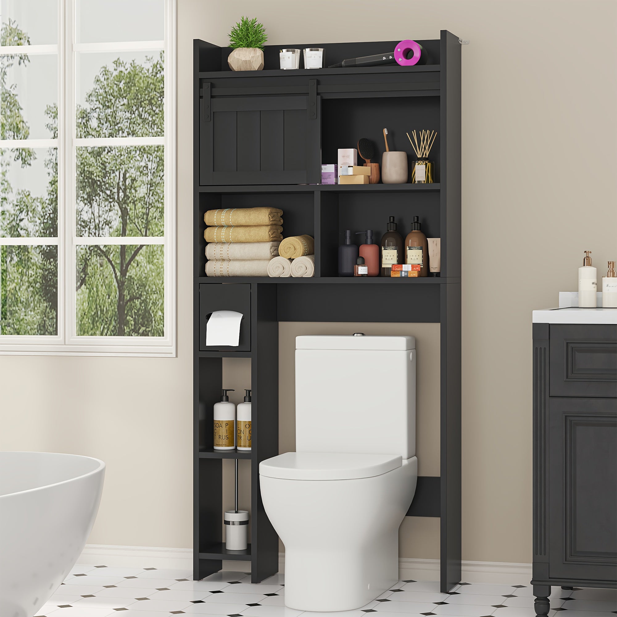 Over The Toilet Storage Cabinet, Above Toilet Shelf with Sliding Door& Toilet Paper Holder Stand, Behind Toilet Bathroom Organizer with Side Storage Rack for Bathroom, Restroom, Dark Grey