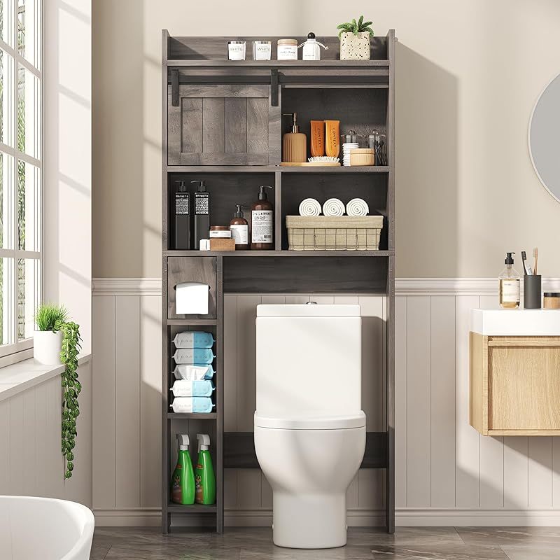 Over The Toilet Storage Cabinet, Above Toilet Shelf with Sliding Door& Toilet Paper Holder Stand, Behind Toilet Bathroom Organizer with Side Storage Rack for Bathroom, Restroom, Dark Grey