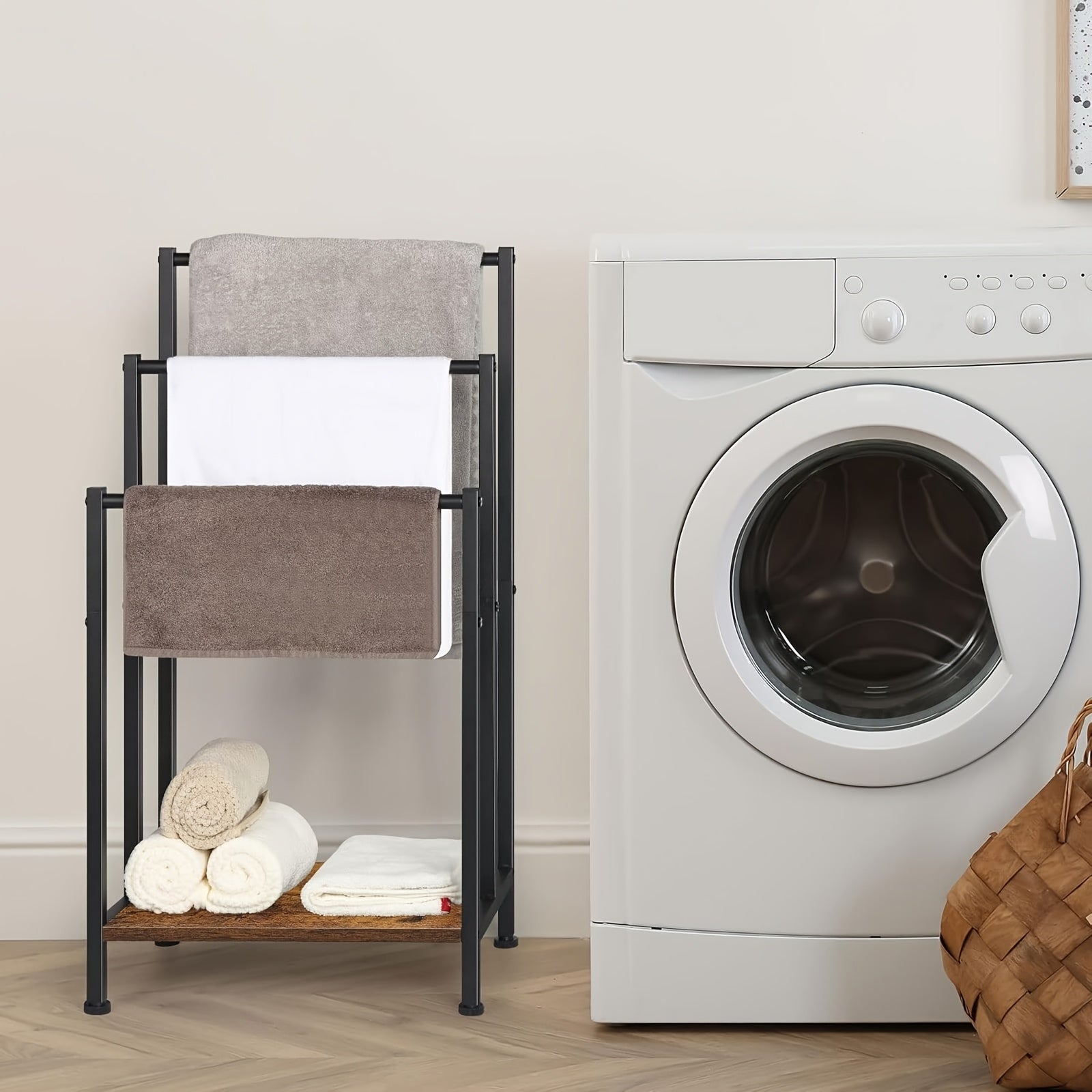 Free Standing Towel Rack, 3 Tier Towel Rack Stand, Metal Towel Racks Stand With Modern Wooden Storage Shelf, Freestanding Towel Holder Floor, Multipurpose Hand Towel Drying Holder Stand For Bathroom