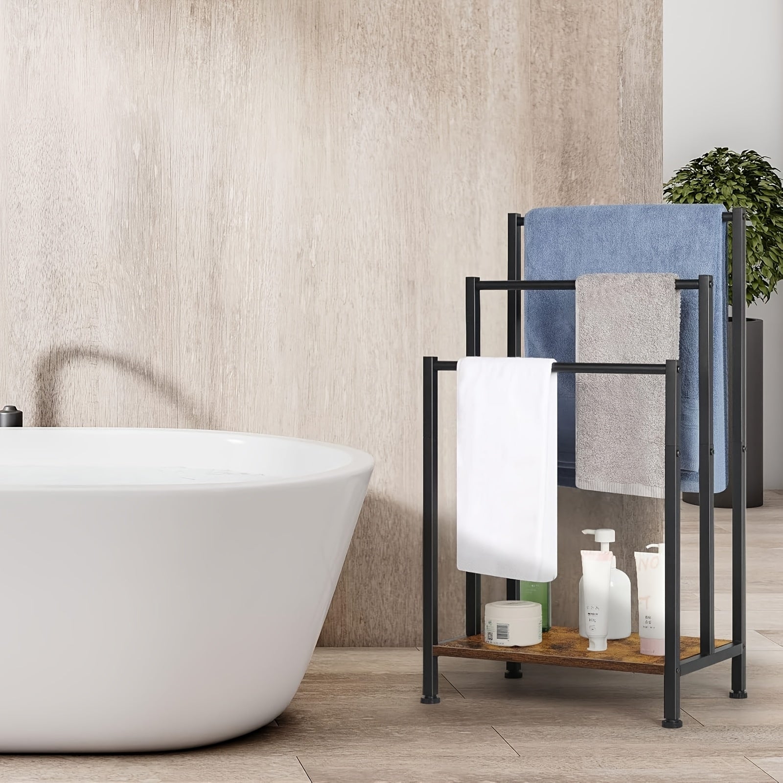 Free Standing Towel Rack, 3 Tier Towel Rack Stand, Metal Towel Racks Stand With Modern Wooden Storage Shelf, Freestanding Towel Holder Floor, Multipurpose Hand Towel Drying Holder Stand For Bathroom