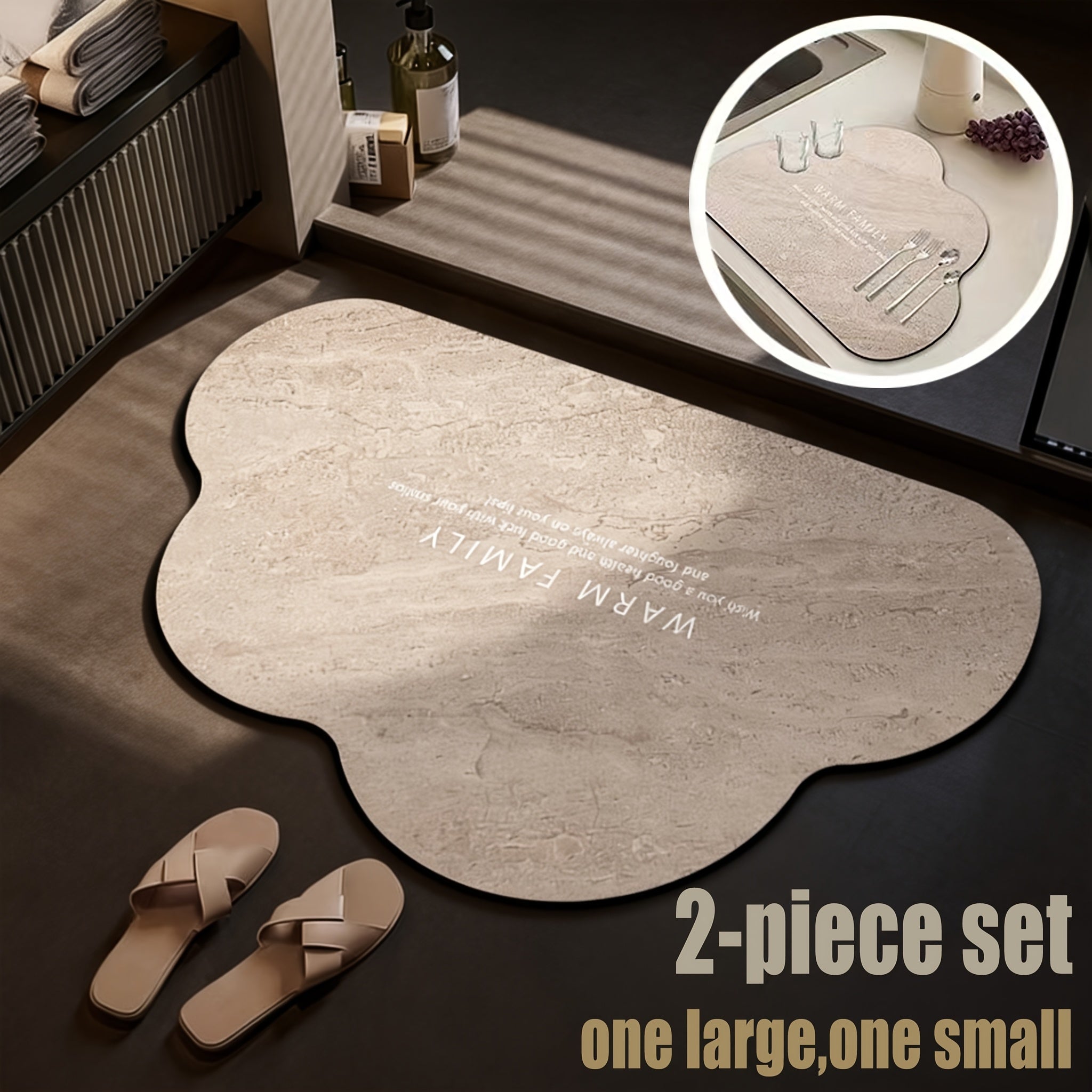 Two-Piece Set Featuring a Diatom Mud Mat That Is Absorbent, Quick-Drying, Safe, And Non-Slip. Suitable for Use in Bathrooms, Kitchens, Living Rooms, And Throughout The Home. This Versatile Mat Can Serve As a Floor Mat, Table Mat, Mouse Pad