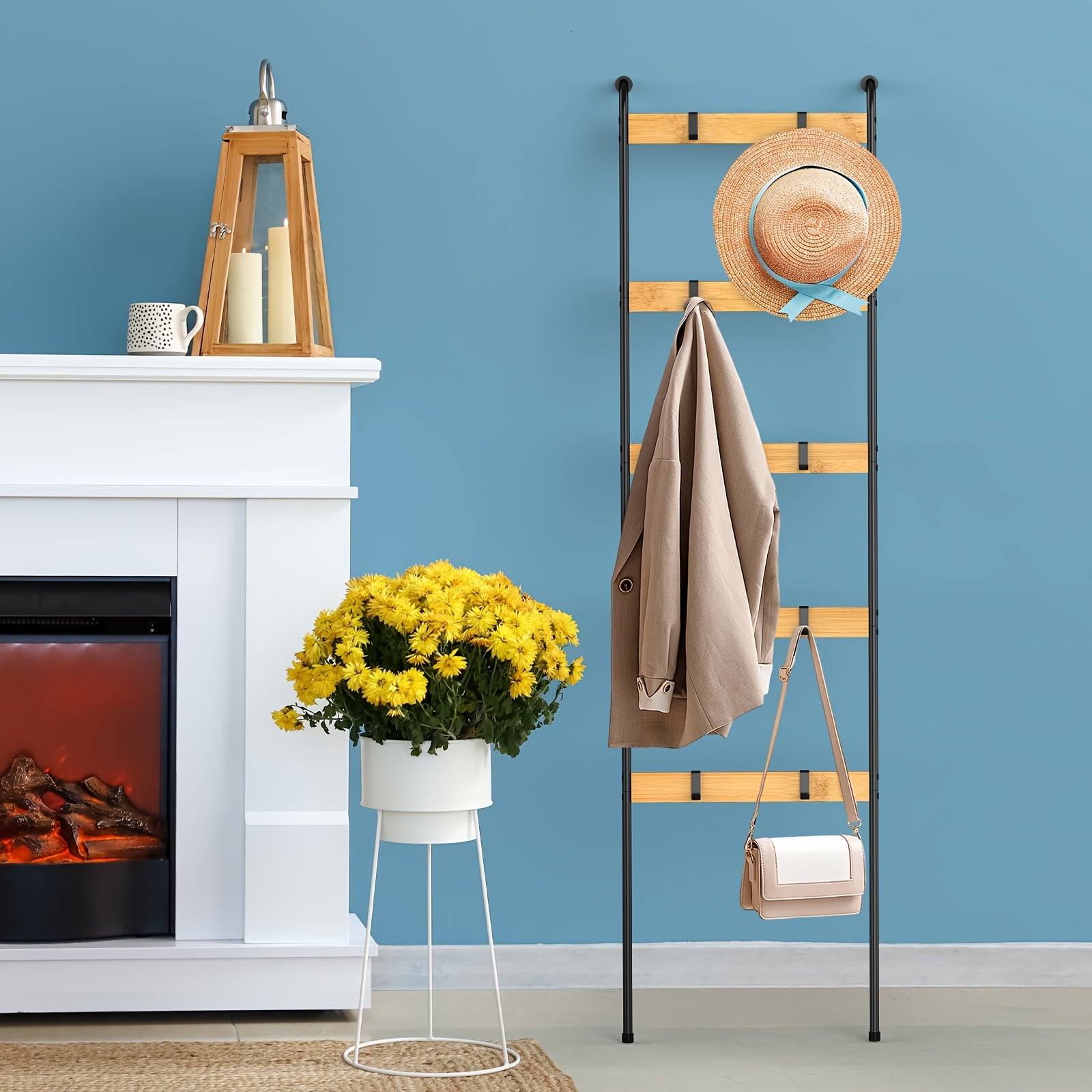 Five-Tier Blanket Ladder with Ten Detachable Hooks, Designed in a Farmhouse Style for Use in Living Rooms Or Bathrooms, Serving As a Decorative Wall-Mounted Wooden Rack for Quilts And Towel Drying