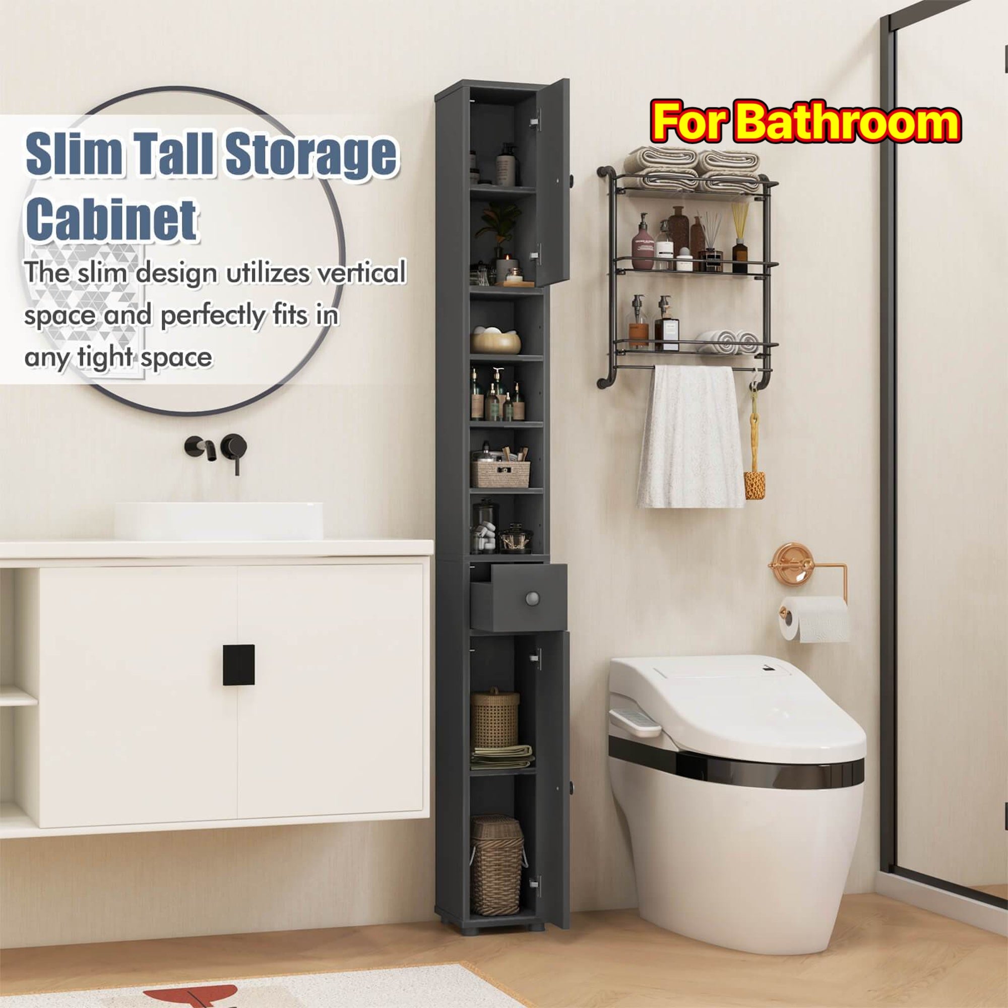 PETSITE Slim Bathroom Tall Cabinet, Freestanding Floor Storage Organizer with 2 Doors, 1 Drawer & 5 Adjustable Shelves, Narrow Linen Tower for Small Spaces, Wood Fiber Board Material, Bathroom Organizers And Storage