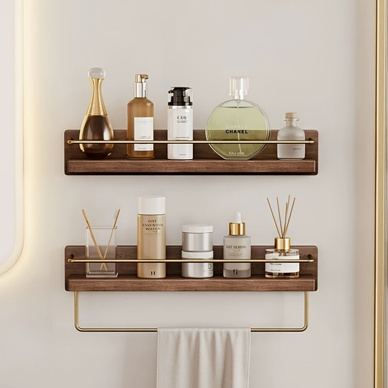 Brass Bathroom Towel Bar with Wooden Shelf, Wall-Mounted Towel Rack with Cosmetic Storage, Modern Vanity Mirror Organizer Rack