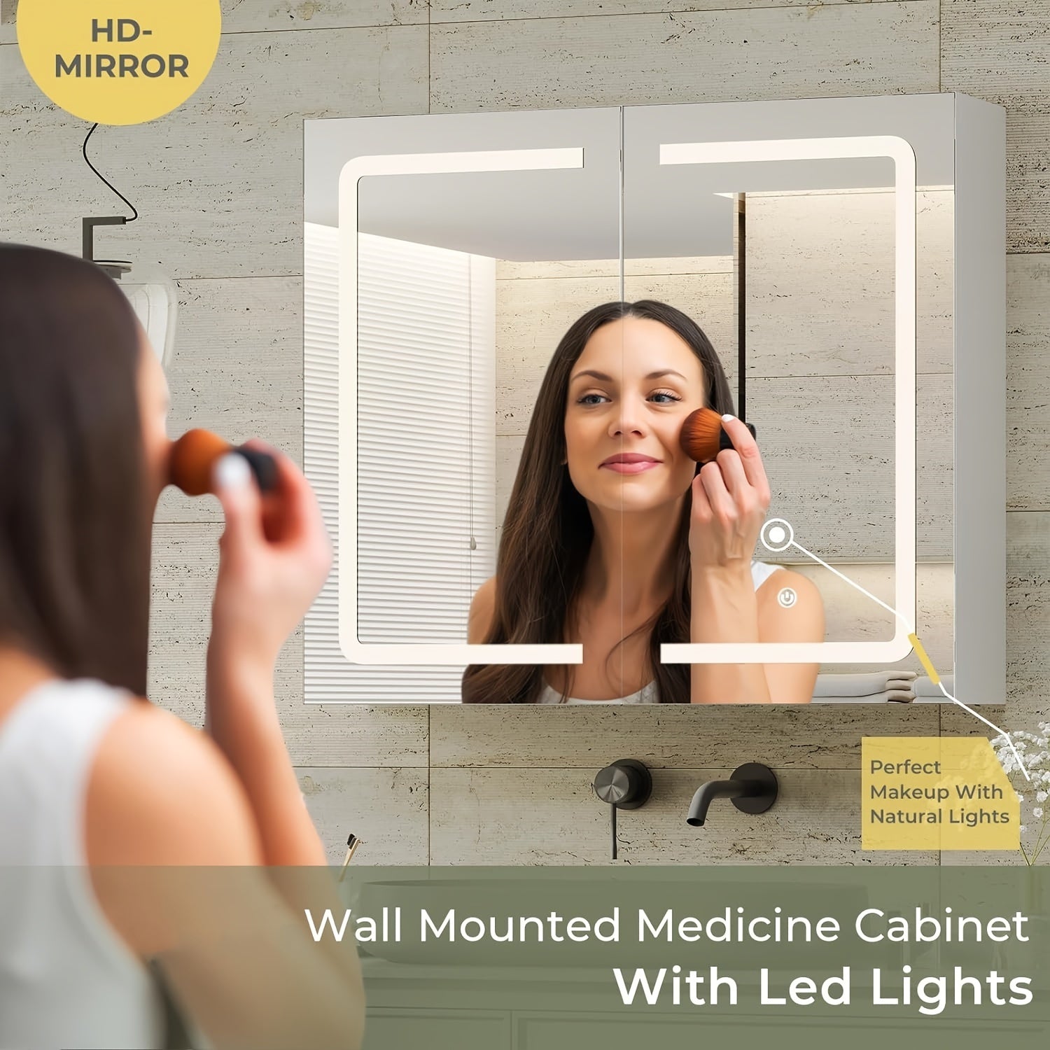 Bathroom Medicine Cabinet with Mirror And LED Light 27.6x23.62 Inch Double Door Wall Mounted Mirror Cabinet with Adjustable Storage Organizer Shelves, White