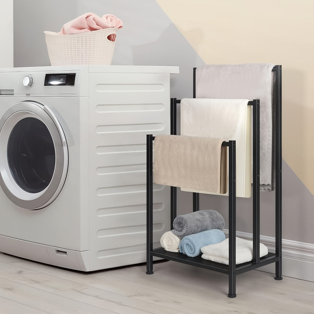 Free Standing Towel Rack, 3 Tier Towel Rack Stand, Metal Towel Racks Stand With Modern Wooden Storage Shelf, Freestanding Towel Holder Floor, Multipurpose Hand Towel Drying Holder Stand For Bathroom