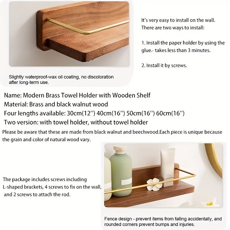 Brass Bathroom Towel Bar with Wooden Shelf, Wall-Mounted Towel Rack with Cosmetic Storage, Modern Vanity Mirror Organizer Rack
