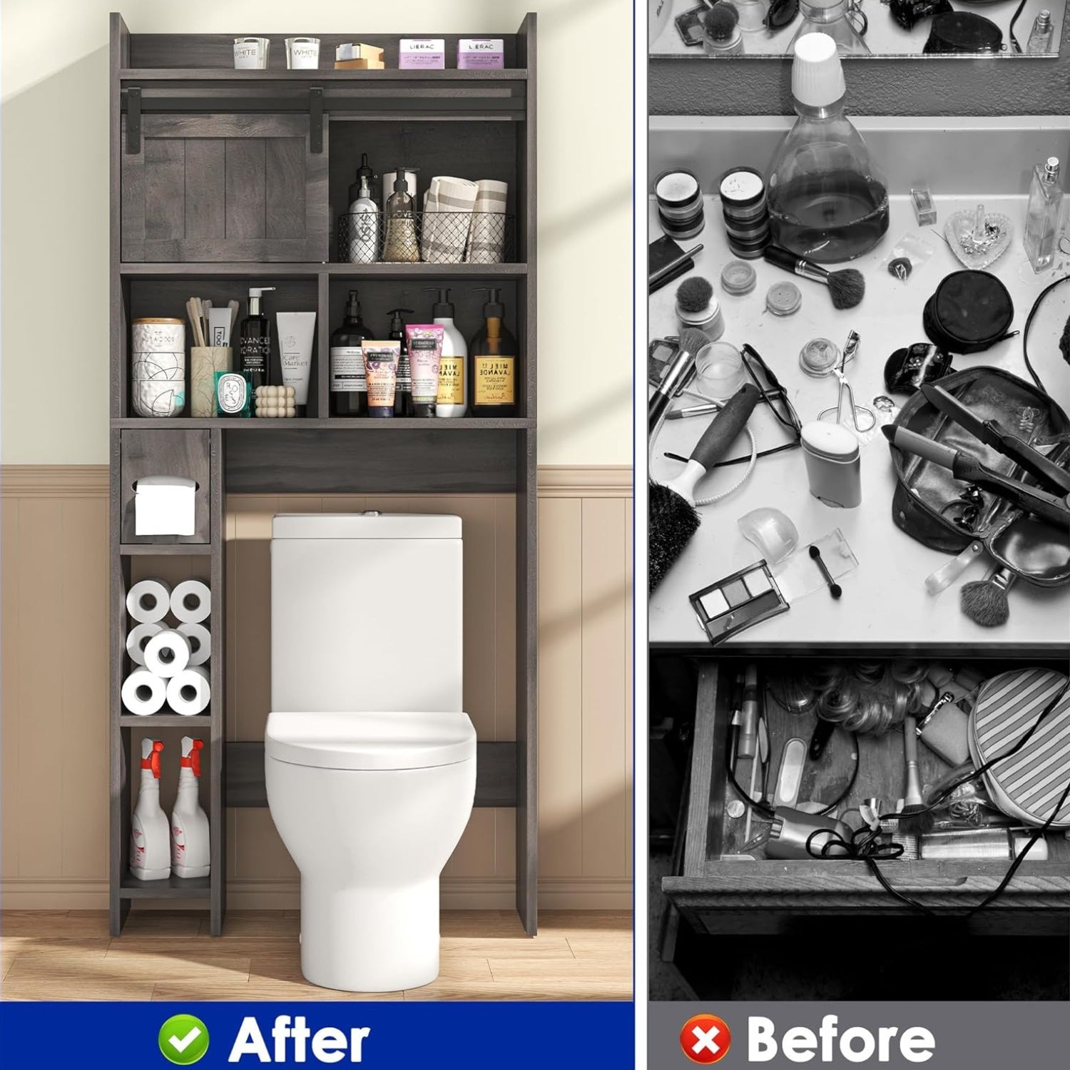 Over The Toilet Storage Cabinet, Above Toilet Shelf with Sliding Door& Toilet Paper Holder Stand, Behind Toilet Bathroom Organizer with Side Storage Rack for Bathroom, Restroom, Dark Grey