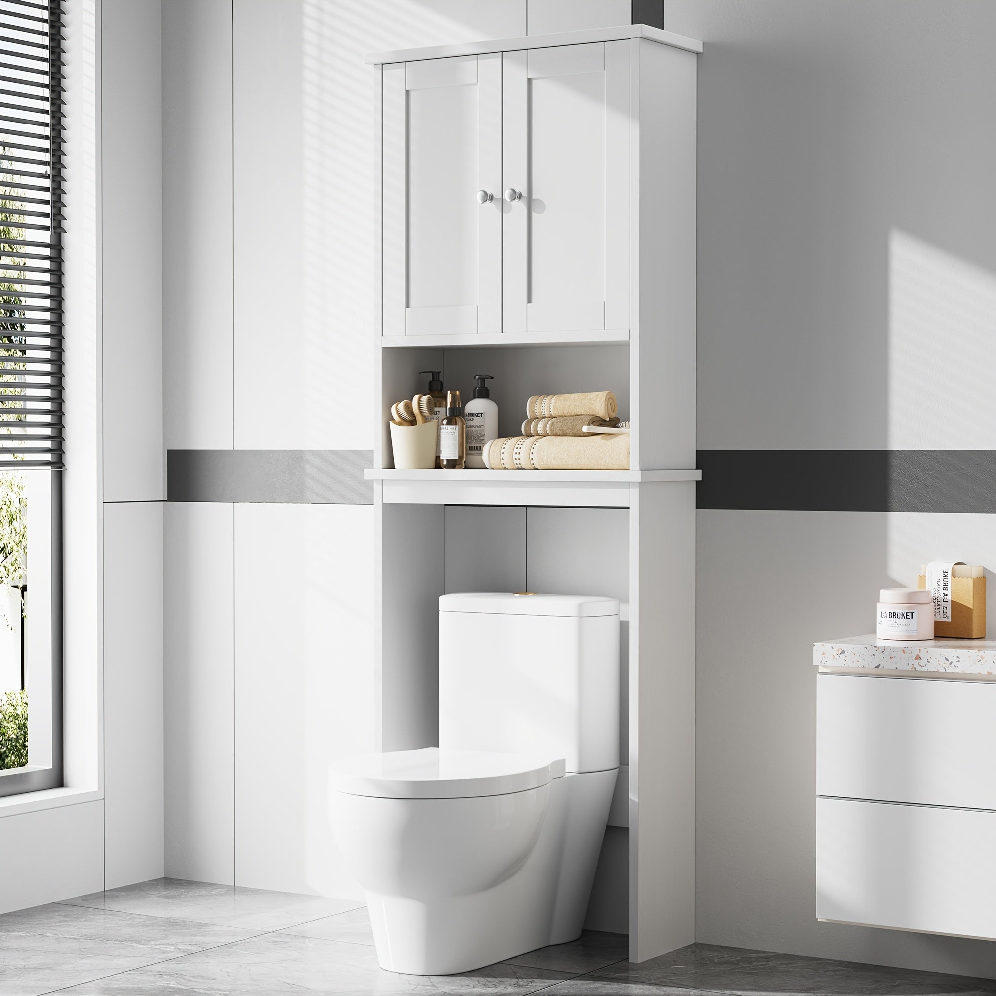 Modern Over-The-Toilet Bathroom Cabinet with Adjustable Shelves & Double Doors - Space-Saving -Standing Toilet Storage Organizer, Assembly for Small Bathrooms (Suitable for homes and facilities)