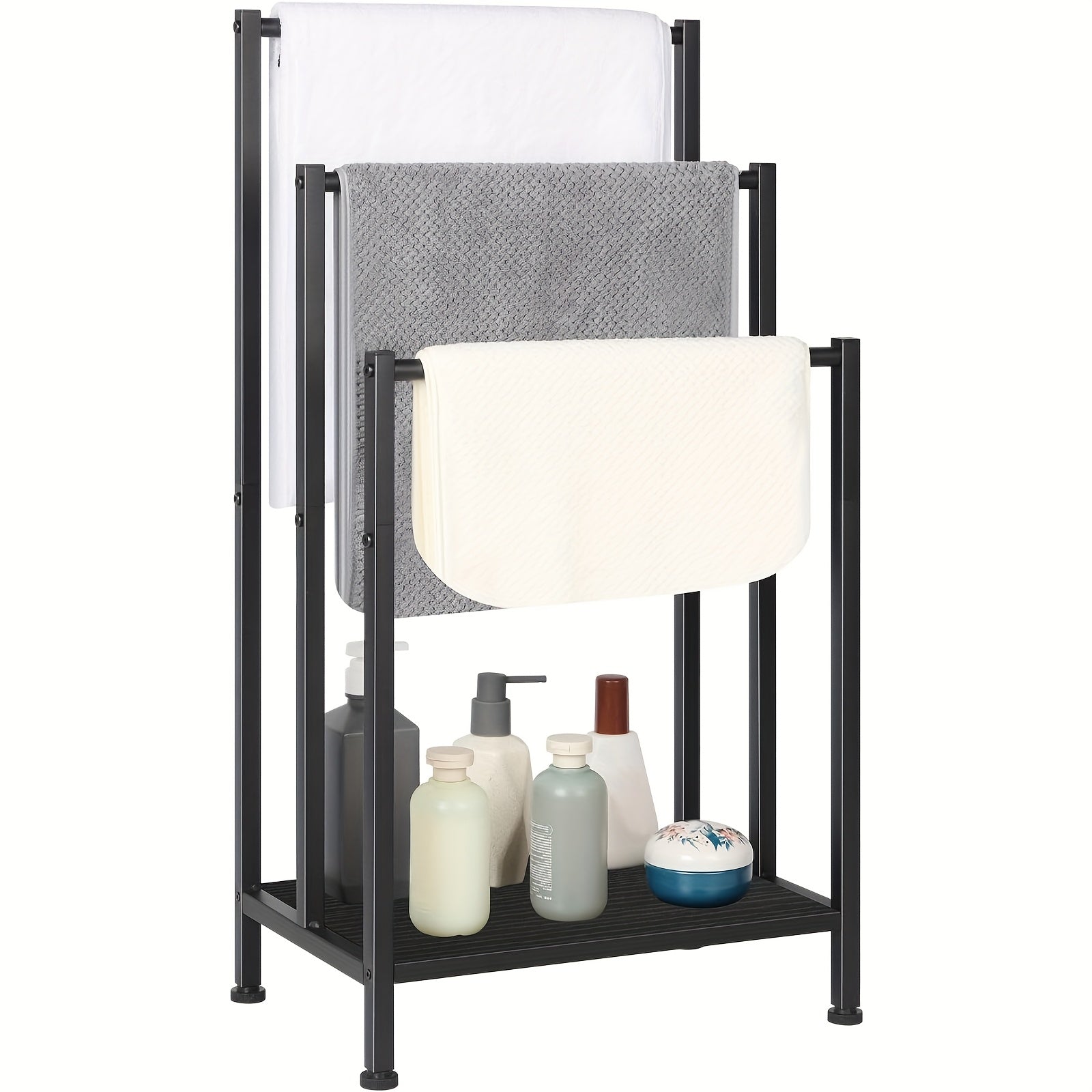 Free Standing Towel Rack, 3 Tier Towel Rack Stand, Metal Towel Racks Stand With Modern Wooden Storage Shelf, Freestanding Towel Holder Floor, Multipurpose Hand Towel Drying Holder Stand For Bathroom