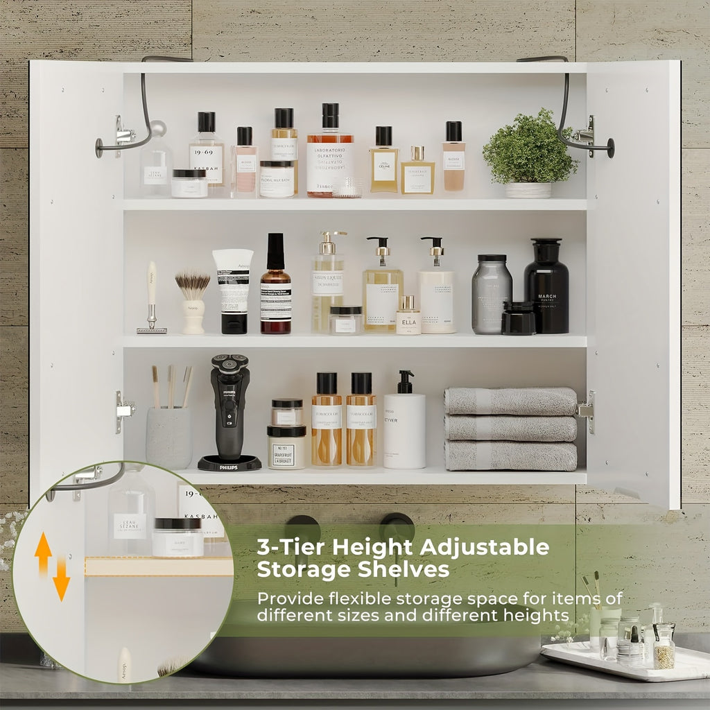 Bathroom Medicine Cabinet with Mirror And LED Light 27.6x23.62 Inch Double Door Wall Mounted Mirror Cabinet with Adjustable Storage Organizer Shelves, White