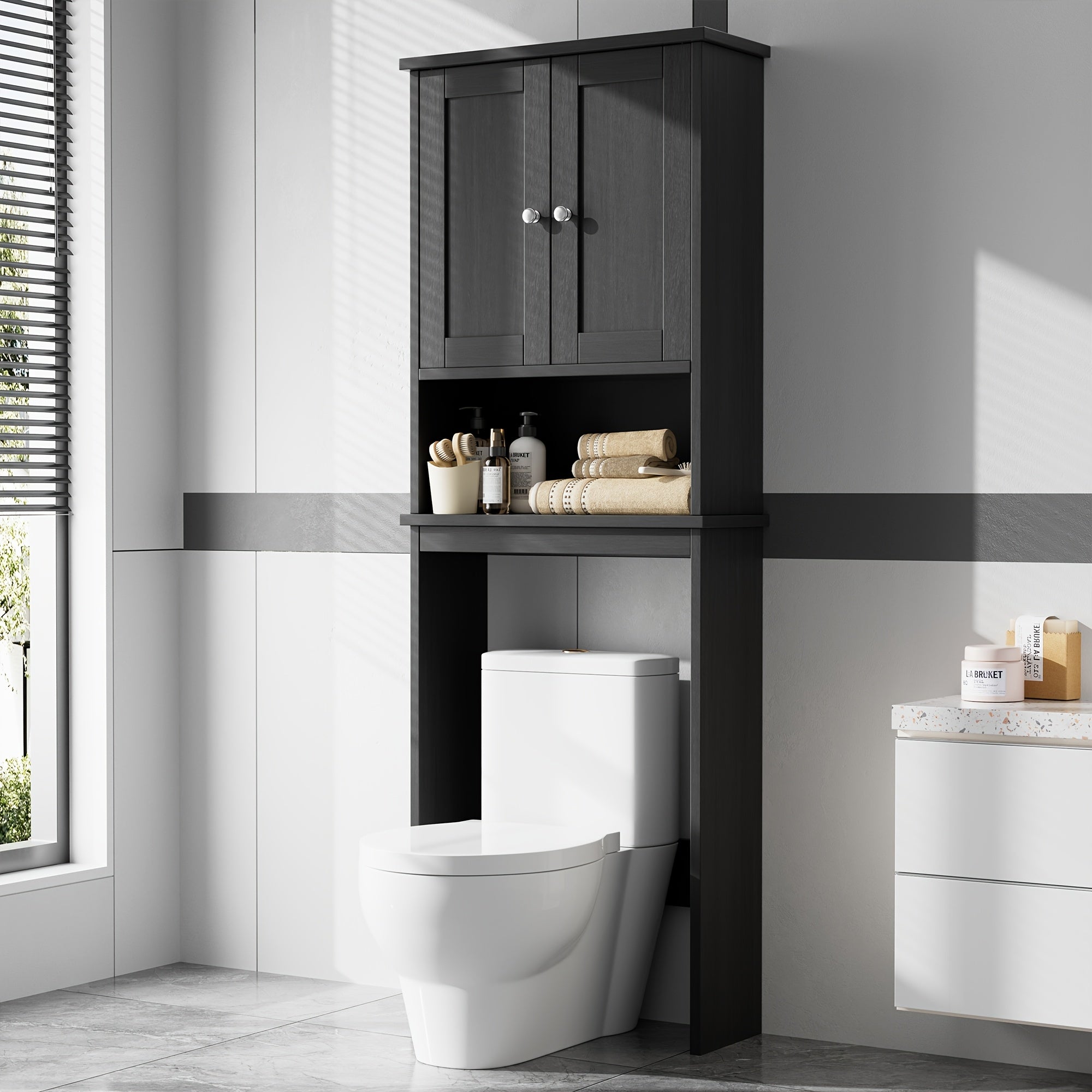 Modern Over-The-Toilet Bathroom Cabinet with Adjustable Shelves & Double Doors - Space-Saving -Standing Toilet Storage Organizer, Assembly for Small Bathrooms (Suitable for homes and facilities)