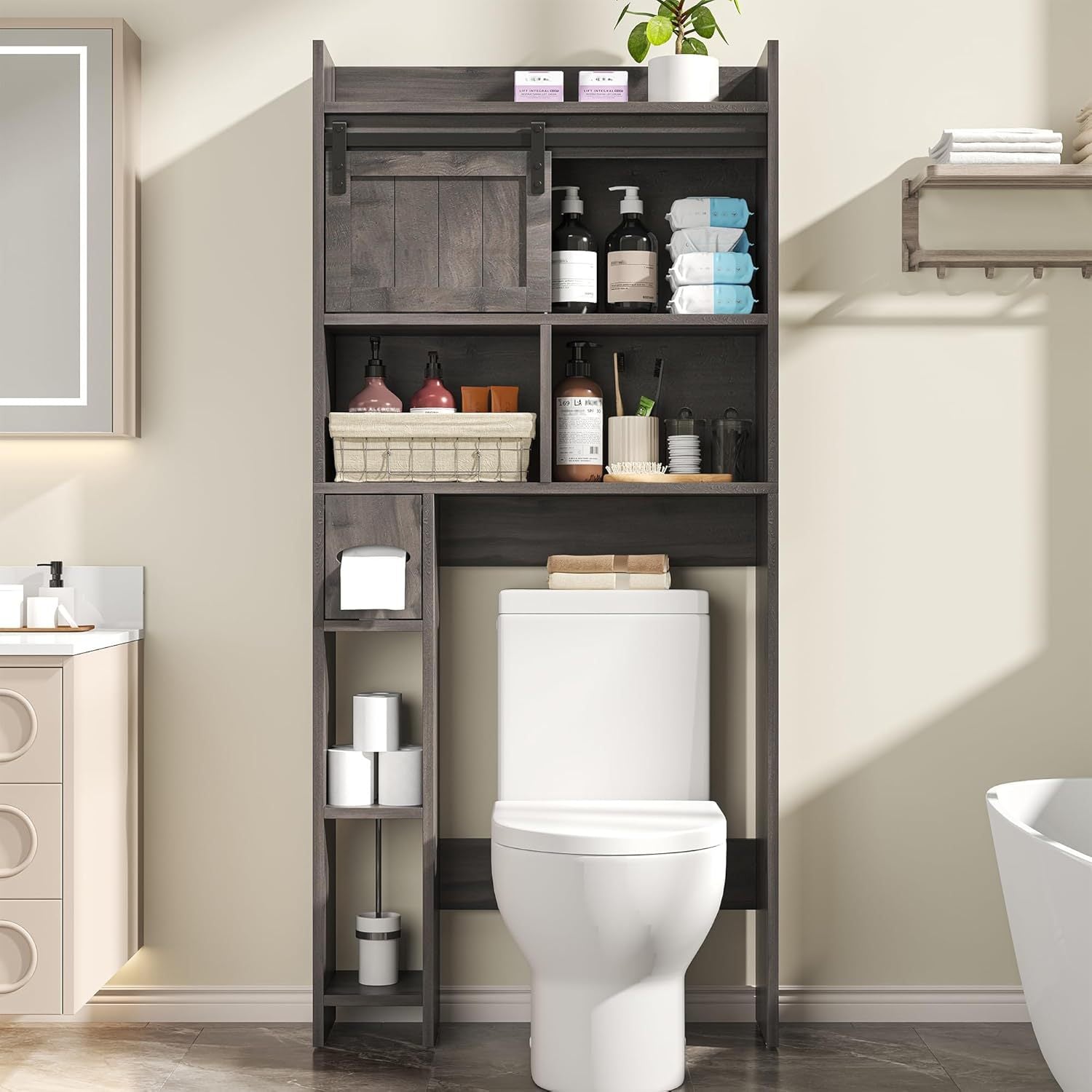 Over The Toilet Storage Cabinet, Above Toilet Shelf with Sliding Door& Toilet Paper Holder Stand, Behind Toilet Bathroom Organizer with Side Storage Rack for Bathroom, Restroom, Dark Grey